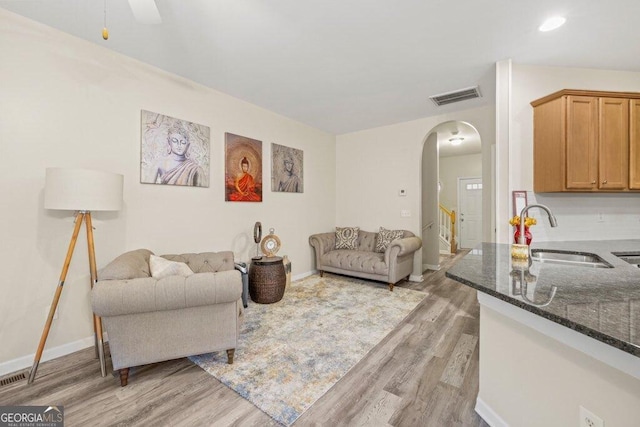 living room featuring sink and light wood-type flooring