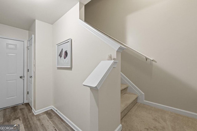 stairway featuring hardwood / wood-style flooring