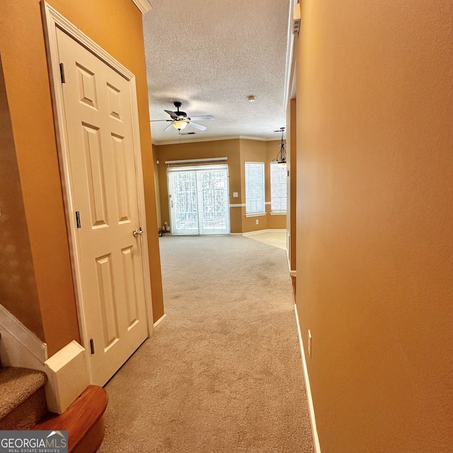 hall with a textured ceiling and carpet flooring