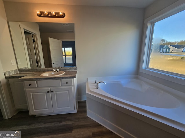 bathroom with vanity, hardwood / wood-style floors, and a bathtub