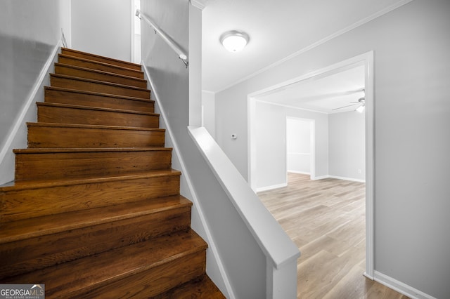 stairs featuring crown molding, ceiling fan, and hardwood / wood-style flooring