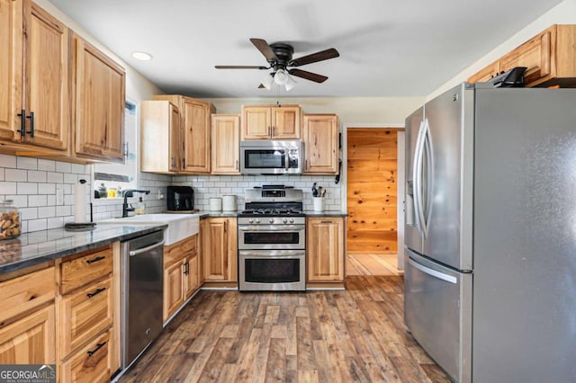 kitchen featuring dark wood-type flooring, sink, appliances with stainless steel finishes, ceiling fan, and decorative backsplash