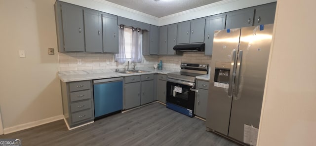 kitchen featuring appliances with stainless steel finishes, dark hardwood / wood-style floors, sink, and backsplash