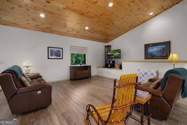 living room with hardwood / wood-style flooring, vaulted ceiling, and wood ceiling