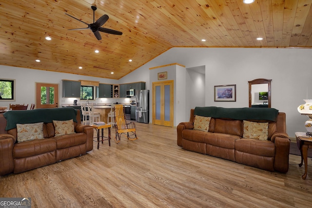 living room with lofted ceiling, light hardwood / wood-style flooring, wooden ceiling, and ceiling fan