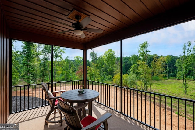 sunroom with wood ceiling and ceiling fan