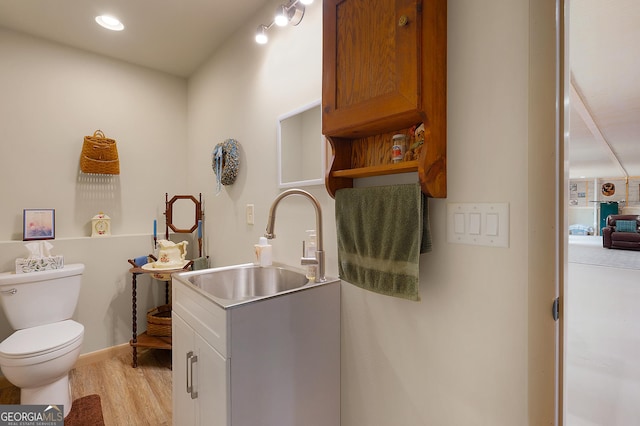 bathroom featuring vanity, wood-type flooring, and toilet