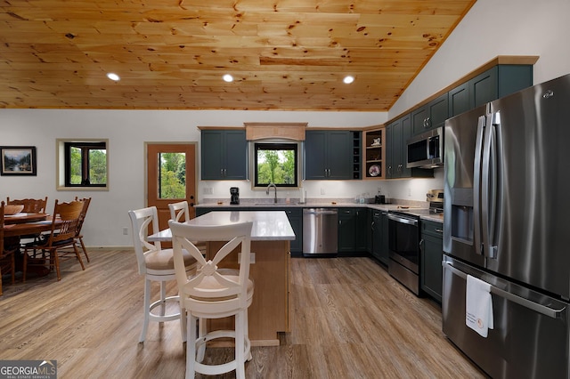 kitchen with sink, wood ceiling, vaulted ceiling, light wood-type flooring, and stainless steel appliances