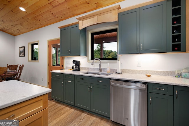 kitchen featuring wood ceiling, stainless steel dishwasher, light hardwood / wood-style floors, and sink