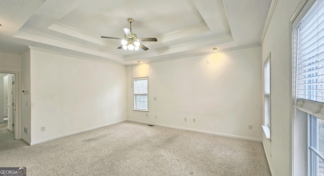 spare room featuring crown molding, light colored carpet, a raised ceiling, and ceiling fan