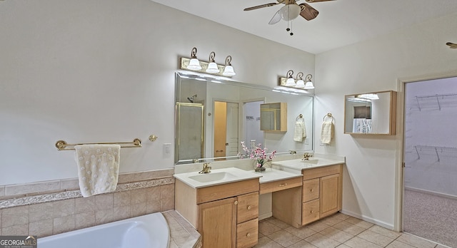 bathroom featuring vanity, ceiling fan, tile patterned floors, and separate shower and tub