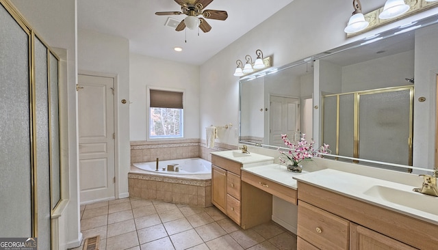 bathroom with independent shower and bath, vanity, tile patterned flooring, and ceiling fan