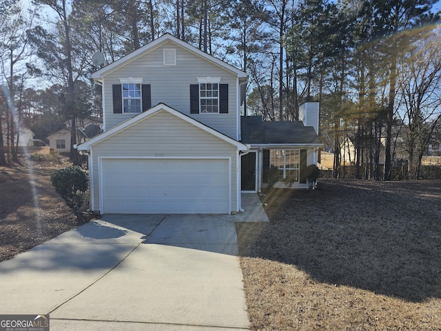 front facade with a garage