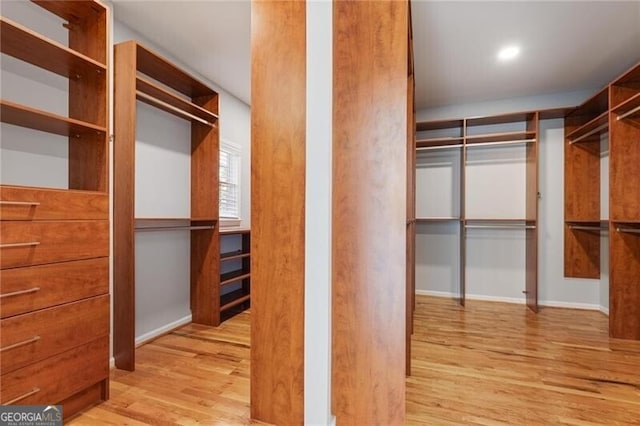 walk in closet featuring light hardwood / wood-style flooring