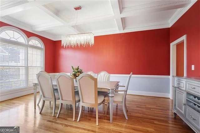 dining room featuring an inviting chandelier, coffered ceiling, hardwood / wood-style floors, and beamed ceiling