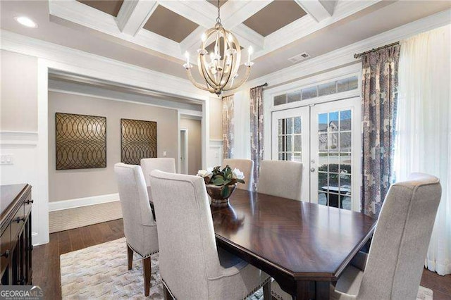 dining room with french doors, coffered ceiling, beamed ceiling, crown molding, and hardwood / wood-style flooring