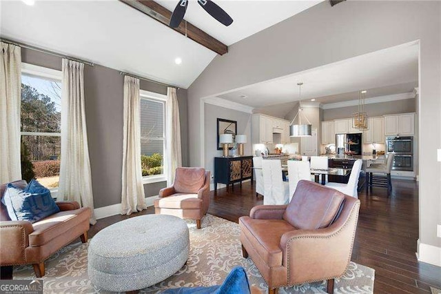 living room with lofted ceiling with beams, crown molding, plenty of natural light, and dark hardwood / wood-style flooring