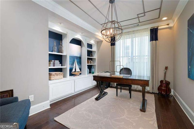 home office with crown molding, dark wood-type flooring, and built in features