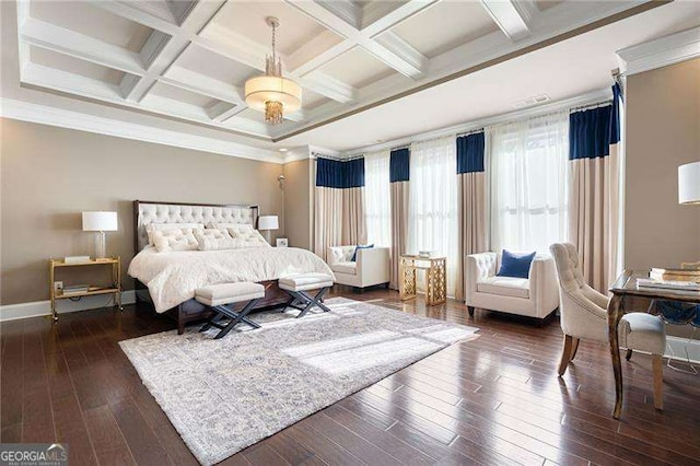 bedroom with coffered ceiling, dark hardwood / wood-style floors, crown molding, and beam ceiling