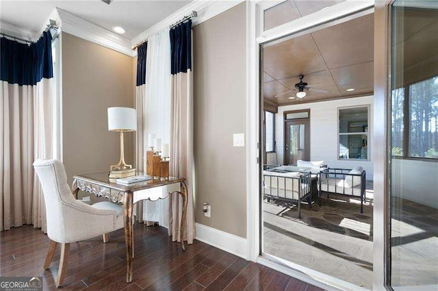 interior space featuring crown molding, ceiling fan, and hardwood / wood-style floors