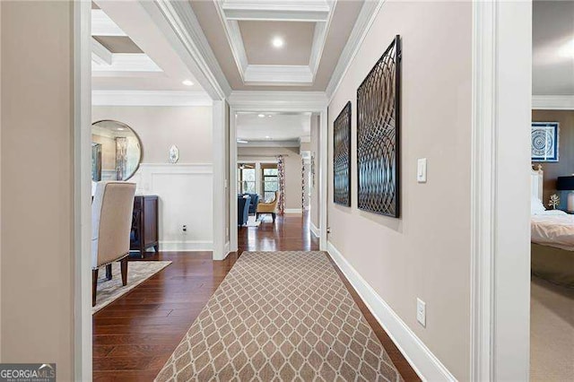 hallway with dark hardwood / wood-style flooring and ornamental molding