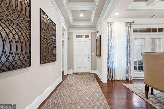 foyer entrance with crown molding, coffered ceiling, dark hardwood / wood-style flooring, french doors, and beamed ceiling