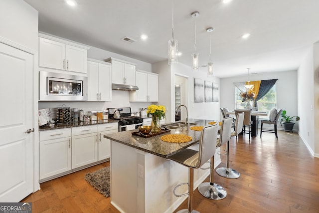 kitchen featuring sink, hanging light fixtures, appliances with stainless steel finishes, a kitchen island with sink, and white cabinets