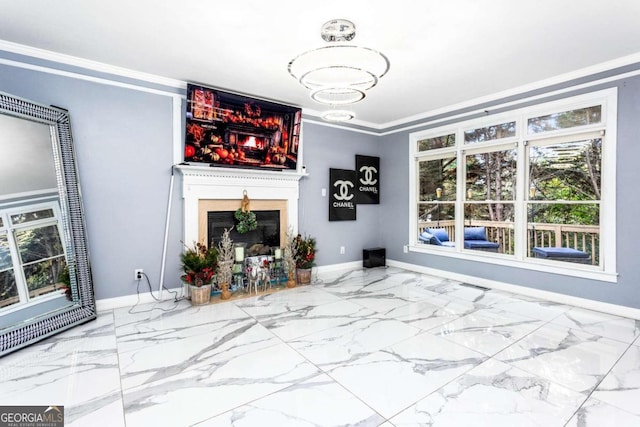 unfurnished living room with crown molding