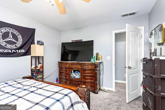 bedroom featuring ceiling fan and carpet flooring