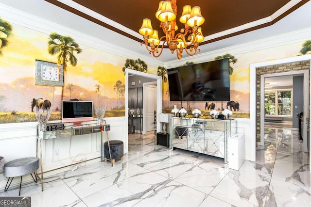 bar with crown molding, a chandelier, a raised ceiling, and white cabinets