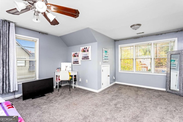 playroom featuring lofted ceiling, carpet floors, and ceiling fan