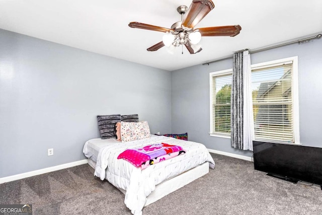 bedroom featuring carpet flooring and ceiling fan