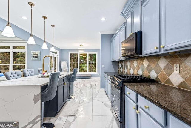 kitchen featuring crown molding, decorative light fixtures, dark stone countertops, decorative backsplash, and black appliances