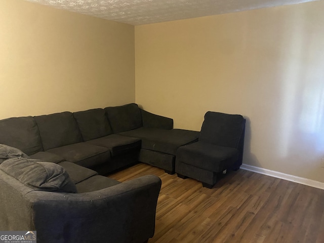 living room with wood-type flooring and a textured ceiling