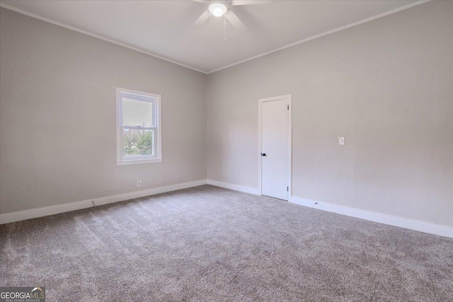 empty room featuring ornamental molding and carpet flooring