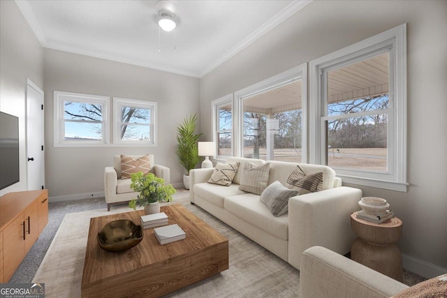 living room with light colored carpet and ornamental molding