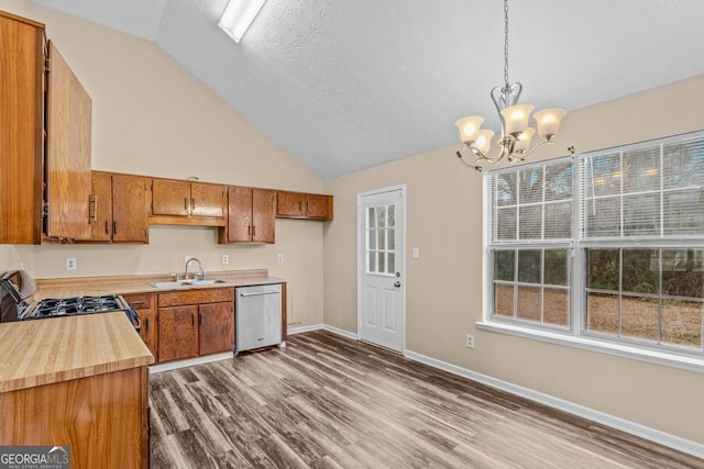 kitchen with decorative light fixtures, sink, stainless steel dishwasher, range, and a healthy amount of sunlight