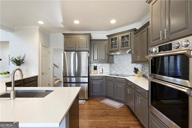 kitchen featuring sink, gray cabinetry, tasteful backsplash, appliances with stainless steel finishes, and dark hardwood / wood-style floors