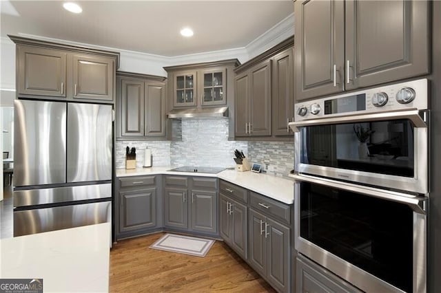 kitchen with gray cabinetry, tasteful backsplash, crown molding, stainless steel appliances, and light hardwood / wood-style floors