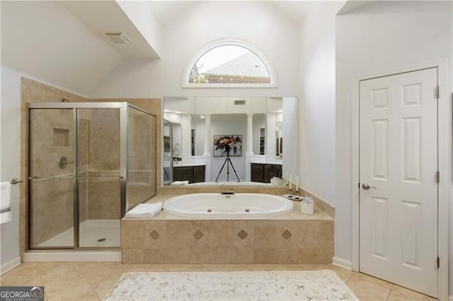 bathroom with high vaulted ceiling, vanity, independent shower and bath, and tile patterned flooring