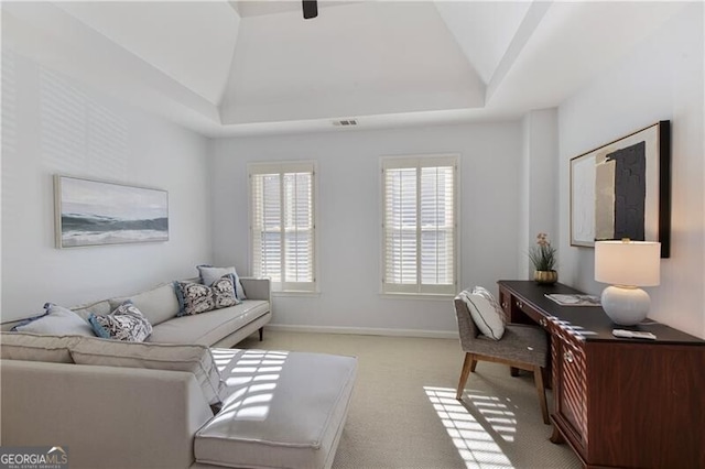 carpeted living room with a raised ceiling