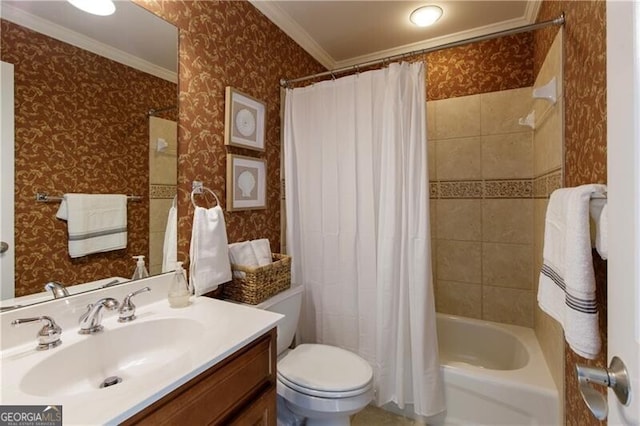 full bathroom with ornamental molding, vanity, shower / bath combination with curtain, and toilet