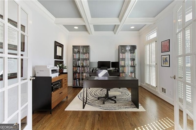 office area featuring french doors, coffered ceiling, crown molding, dark hardwood / wood-style flooring, and beam ceiling