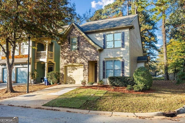 view of front facade with a garage, a balcony, stone siding, and concrete driveway