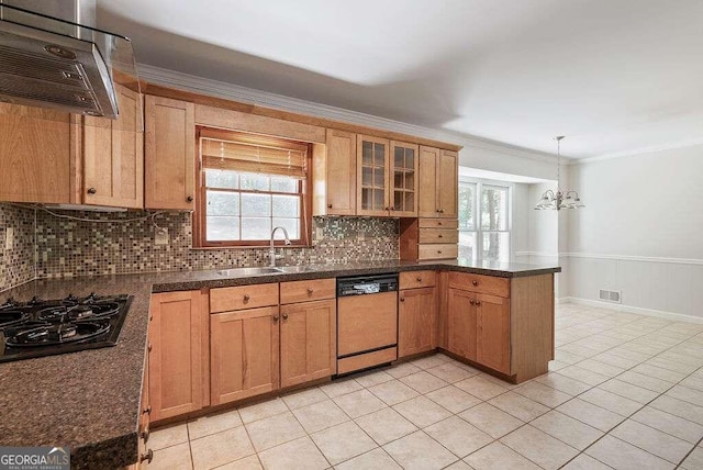 kitchen featuring sink, hanging light fixtures, dishwasher, black gas stovetop, and exhaust hood