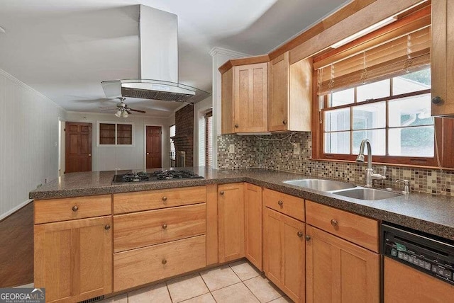 kitchen with sink, dishwasher, island range hood, decorative backsplash, and stainless steel gas stovetop