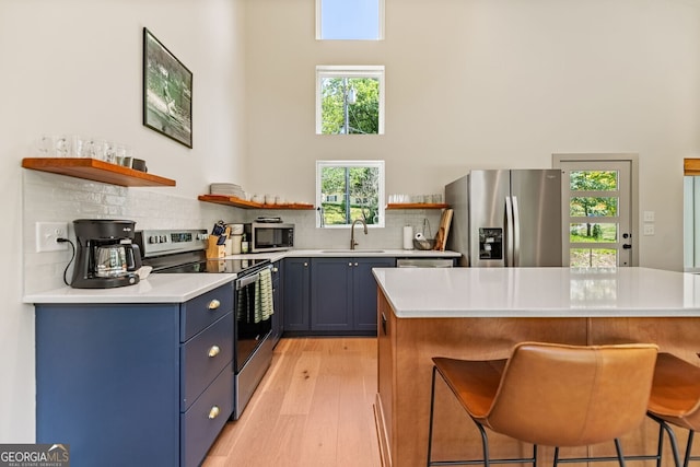 kitchen with appliances with stainless steel finishes, a breakfast bar, sink, backsplash, and blue cabinetry