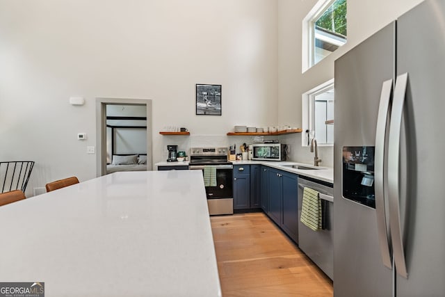 82 Circle Dr, Morganton, GA 30560 - kitchen featuring stainless steel appliances, open shelves, healthy amount of natural light, blue cabinetry, and a high ceiling
