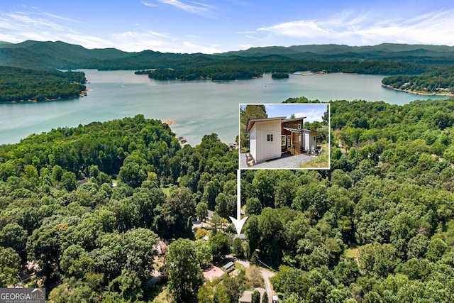 drone / aerial view with a water and mountain view