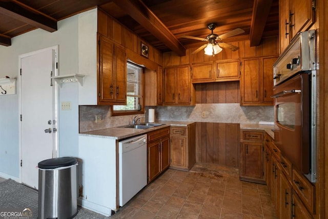 kitchen with white dishwasher, sink, wooden ceiling, and oven